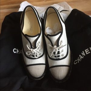 CHANEL Raffia Lace Up Wedge 35.5